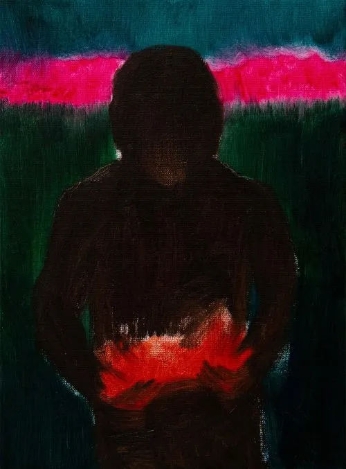 Abstract painting of a dark human figure holding a glowing red area at the abdomen against green and pink background.